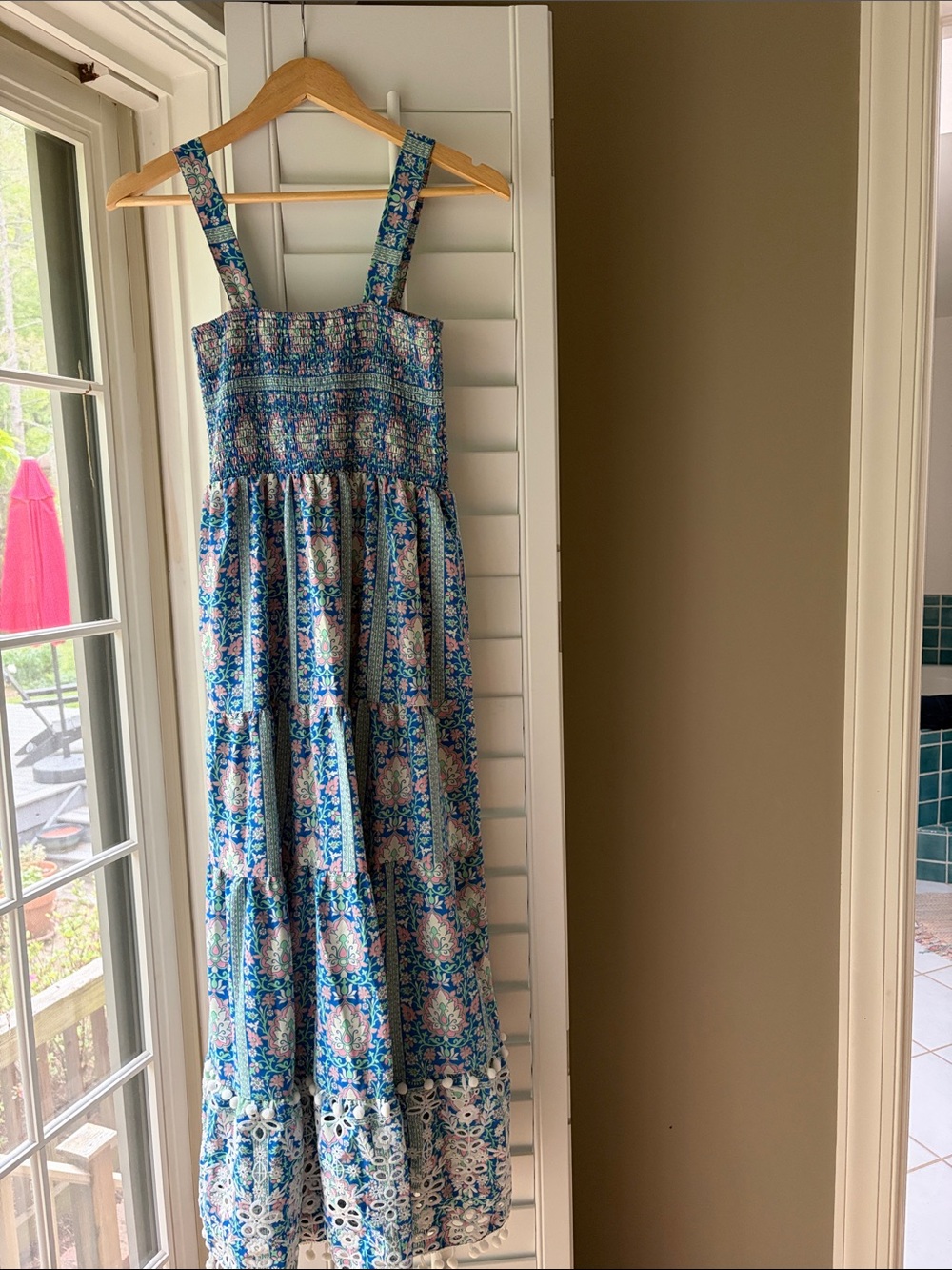 Smocked Floral Maxi Dress in Blue and Cream